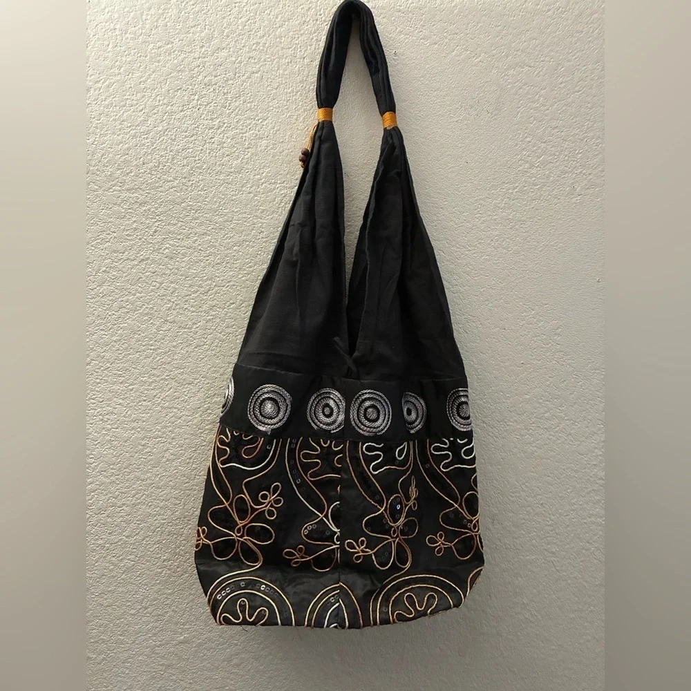 Brown Embroidered & Sequins Floral Cotton Shoulder Bag From Thailand